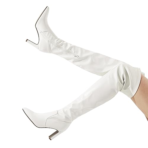DREAM PAIRS DREAM PAIRS Women's Over The Knee Stretch Thigh High Boots Chunky High Heels Pointed Toe Long Fall Boots,Size 9,White-Pu,SDOB2303W