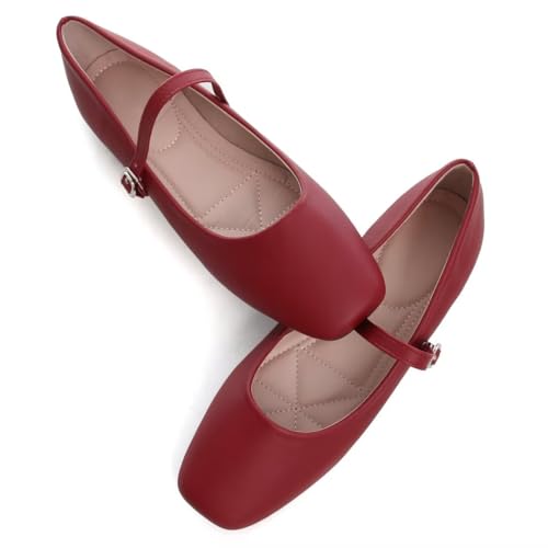 Stunner Ballet Flats for Women Women's Mary Jane Shoes Square Toe Casual Flats Comfortable Ankle Strap Flat Shoes Red 42(9) 23