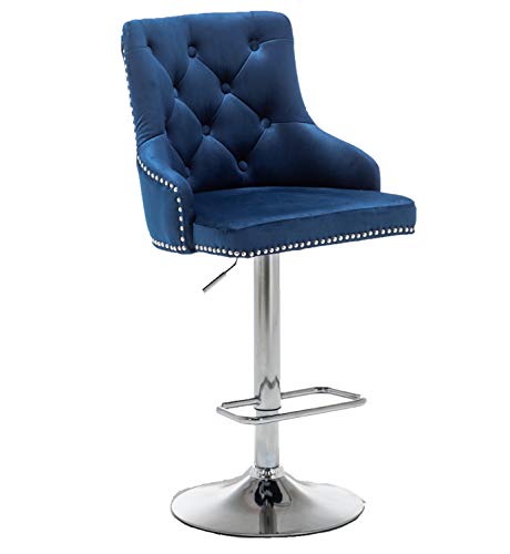 Btexpert Swivel 33.5" Set Of 2 Kitchen Upholstered Dining Barstool 25"-33" Adjustable High Back Stool Counter Bar Chairs, Velvet Chrome, Blue Tufted Trim (5153-2A) #TOP3