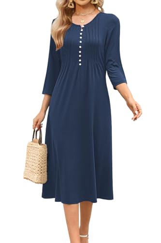 Soesdemo Long Sleeve Dress for Women Casual V Neck Pleated Button Down 3/4 Sleeves Knee Length Midi Dresses with Pockets
