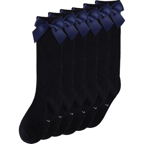 Fjquamitix 3 pares de calcetines para niñas hasta la rodilla, sin costuras, para uniforme escolar, con lazo de rubbons esponjoso, para niñas y niños, azul marino, 2-4 años