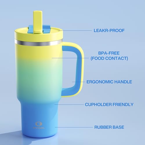 Image of ENCOOL 32 oz Tumbler with Handle and Straw: Stainless Steel Insulated Tumbler Keeps Cold for 24 Hours, Leakproof Travel Cup Fits in Cup Holder and BPA-Free, Soft Lagoon