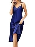 Lovasy Silk Nighties for Women Satin Nightdress for Women UK Lace V Neck Straps Chemise Negligees Ladies Long Full Slips Sleepwear Nightwear UK Size 6-24,Dark Blue,L