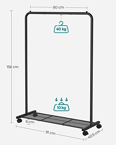 SONGMICS HSR25BK Mobile Clothes Rack on Wheels, Clothes Organizer, Metal with Storage Shelf, Bar Load 40 kg, Black
