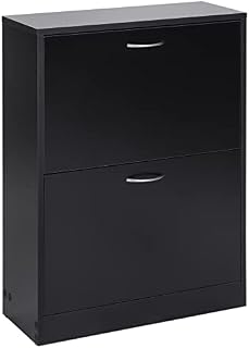 HOMCOM Shoe Cabinet Storage Cupboard 2-Tier Wood Tipping Bucket Modern Hall Organizer with Drawer Adjustable Shelf Large-Capacity Space Saving Entrance Foyer Furniture 12 Pairs Black