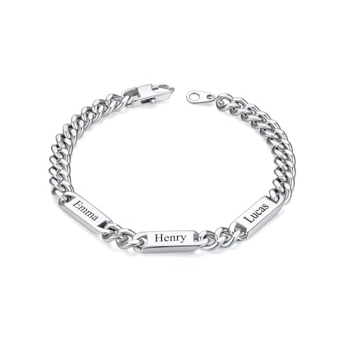 Custom4U Personalized Cuban Link Bracelet for Men, 5mm/7mm/9mm Width 1-6 Names Engraved Stainless Steel Customized Chain Silver Bracelet Jewelry Gifts for Men Women Mom Dad Husband Father a.