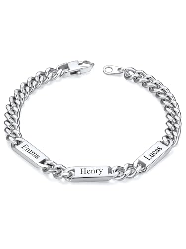 Custom4U Personalisiertes Cuban Link Armband für Herren Breite 5mm Edelstahl Individuelle Kette mit 3 Namen Graviert Silber Armband Schmuck Geschenke für Papa Ehemann Junge Ehefrau Länge 17cm