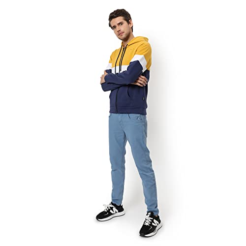 Image of CAHOOT Men's Dark Blue Zip-Front Hoodie with Contrast Drawstring for Casual Wear | Long Sleeve | Hooded Neck | Zipper Closure | Cotton Sweatshirt Crafted with Comfort Fit for Everyday Wear