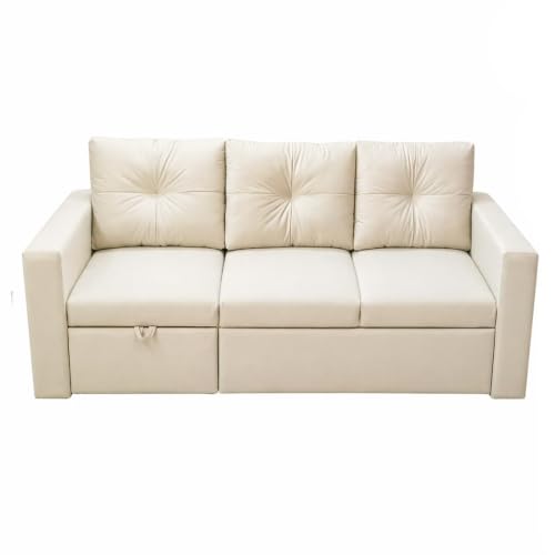 Image of FURNY Tira 4 Seater LHS Lounger Sofa Cum Bed (Cream) with Pull-Out Function | Luxury Velvet Suede Finish | Durable Comfort | Ideal for Living Room