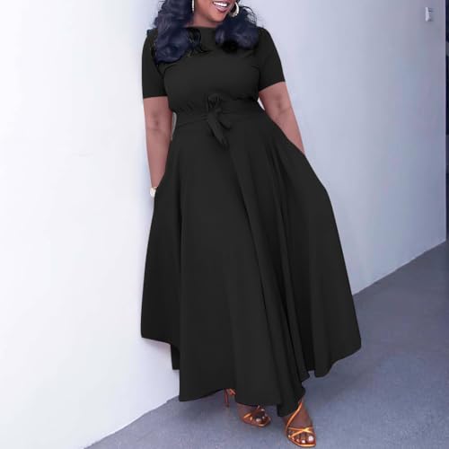 Image of BFFBABY Plus Size Dress A Line Dresses for Women Summer Long Dresses with Sleeve Casual Belted