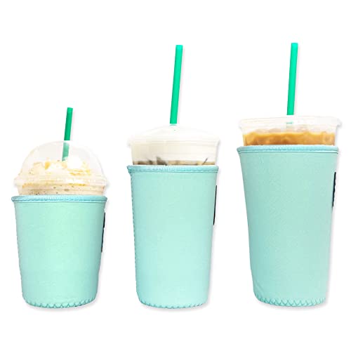 BAXENDALE AND CO Iced Coffee Sleeve for Cold Drink Cups 3 Pack Neoprene Iced Coffee Sleeve Cup Sleeves for Cold Drinks Reusable Compatible with Starbucks Dunkin (3 pk S/M/L, Mint Smooth)