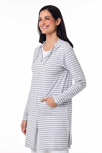 Coolibar Women's Long Zip-Up Hoodie - UPF 50+ Sun Protection - Cabana in Grey/White Stripe
