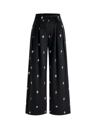 CIDER Corduroy Pants Women Floral Embroidery Mid Waist Wide Leg Trousers Long Casual Pants with Pockets