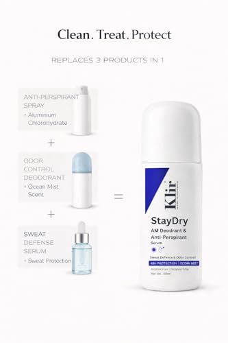 Image of Klir StayDry Anti-Perspirant Roll On Deodorant for Men & Women | 24H Sweat & Odor Protection | Alcohol Free | No White Marks | Underarm Sweat Control | Ocean Mist | 50ml