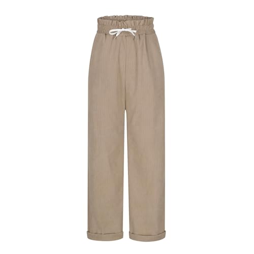 Corduroy Pants Women Dressy Casual Straight Leg Drawstring High Waisted Cuffed Trousers Loose Comfy Slacks with Pockets3