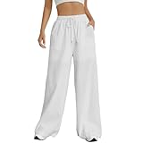 Weite Sommerhose Damen WeiĂźe Leinenhose - Lockere Leichte Yogahose Freizeithose mit Kordelzug Gummizug Lang Bequeme Luftig Schlupfhose Palazzo Relaxhose