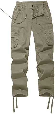 FOURSTEEDS Women's Mid Waist Cotton Regular Fit Solid Color Working Outdoor Drawstring Straight Leg Cargo Pants Khaki S