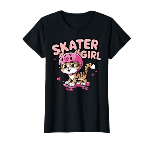 Skater Girl Cute Skateboarding Cat para niñas y mujeres Camiseta