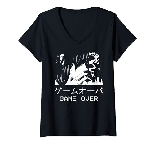 Femme Japanese Aesthetic Game Over Anime Girl Waifu Eboy Egirl T-Shirt avec Col en V