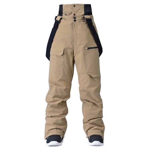 Pantalones de esquí para hombre y mujer, con tirantes, impermeables, con forro, pantalones de nieve, para invierno, cálidos, transpirables, ajustables, térmicos, unisex, largos, softshell, A01 caqui - imagen 2