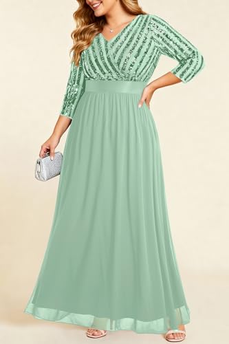 Image of Plus Size Formal Dresses V Neck 3 /4 Sleeve Sequin Prom Evening Maxi Dress | Sequin fabric, V neck 3 /4 sleeve design, plus size formal prom wedding guest evening dress