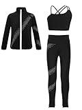 Sinleey Kids Girls Ice Skating Rhinestone Outfit Gym Training Suit Figure Skating Jacket Crop Top with Pants Set Black 8 Years