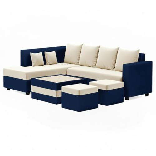 Image of CASASTYLE Stylify 8 Seater Fabric LHS L Shape Sofa Set with 1 Centre Table & 2 Ottoman (Cream-Dark Blue) 8-Person Seating with Premium Velvet Finish