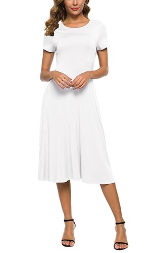 Image of EXCHIC Women's Casual Round Neck Short Sleeve Midi Dress Solid Stretchy Waist Knee Long Dress