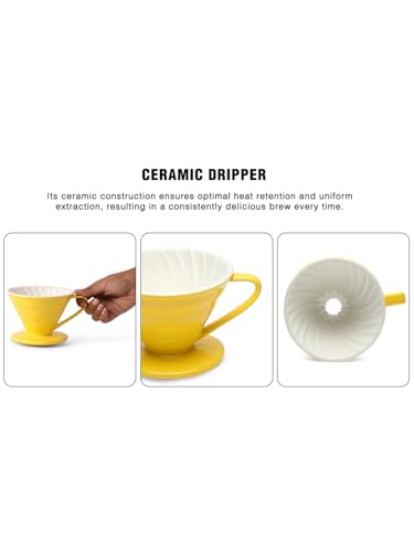 Image of THE BARISTA CUP Ceramic V60 Coffee Dripper Cup /Funnel | Size 02 (3-4 Cups) | Pourover Coffee | Use With Conical Filter Papers | Slow Manual Brew | Strong Smooth Flavour (Yellow)