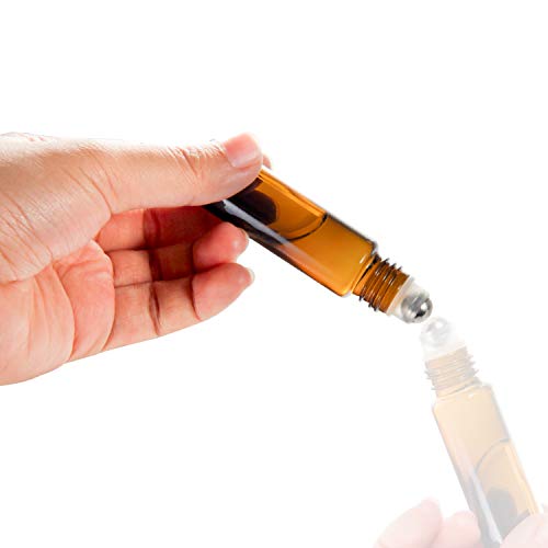 Roller Ball Bottle for Essential Oils 10ml 36 Pack, RUCKAE Essential Oil Roller Bottles, 36 Pack Amber Glass Roller Bottles with Stainless Steel Roller Balls, Openers, Droppers,Funnels Mark Pen