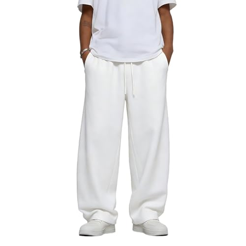 Quskc Mens Wide Leg Sweatpants Elastic Drawstring Waist Baggy Relaxed Fit Soft Lounge Pants with Deep Pockets White