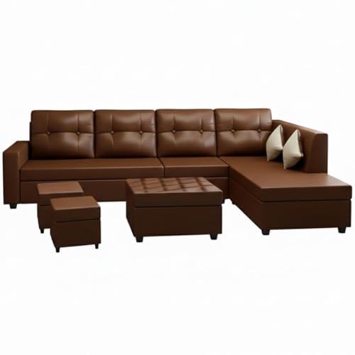 Image of FURNY Nathan 8 Seater Leatherette RHS L Shape Sofa Set with 1 Centre Table & 2 Puffy (Brown) Premium Finish | Durable Comfort | Ideal for Living Room