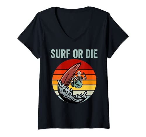 Womens Surf Or Die Cool Retro Skeleton Surfing Surfer Skull Beach V-Neck T-Shirt