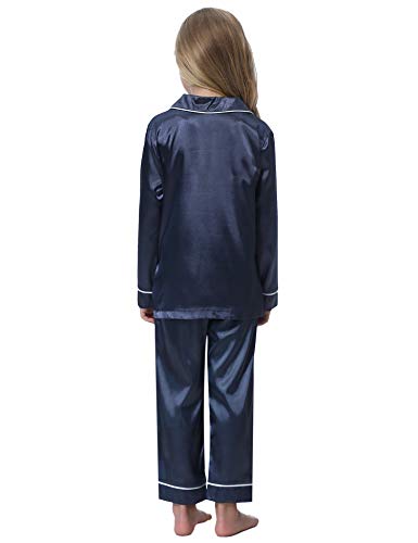 Hawiton Kids Satin Pajamas Set Toddler Girl PJS Long Sleeve Button Satin Loungewear Sleepwear Set with Pocket Dark Blue