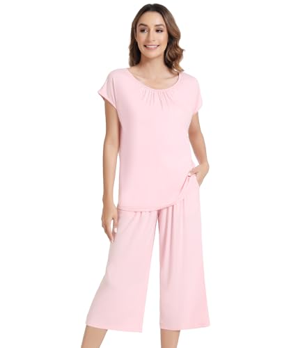Image of NACHILA Women's Pajamas Set Short Sleeve Sleepwear Soft Pjs Cool Pajama with Capri Pants, Viscose Made from Bamboo