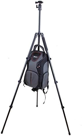 Kingjoy BT258 Tripod with a camera backpack hanging from the center column hook.