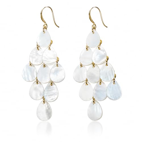 Mother of Pearl Shell Dangle Earrings for Women, White Teardrop Chandelier Drop Style, Gold Tone Boho Beach Vacation Statement Jewelry