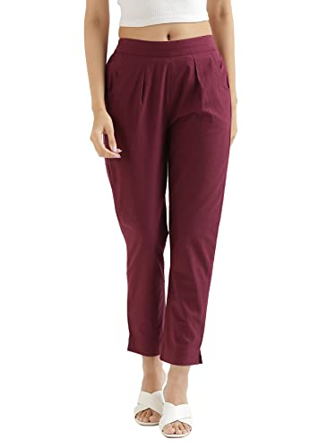 Image of SAADAA Women Cotton Pant Regular Slim Fit Mid Rise Trouser, Pocket Pants for Office School Formal Casual Daily Use