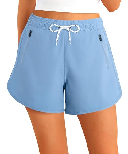 APTRO Women Swim Shorts Board Swimming Surf Beach Shorts Bikini Bottoms Quick Dry Ladies Sport Running Shorts Zip Pockets Blue L