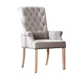 Restworld Fabric Arm Dining Chair,Tufted Upholstered High Back Nailed Trim with Untique Oak Wood Leg