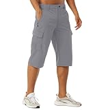 EKLENTSON 3/4 Pants Mens Casual Cargo Long Shorts Athletic Summer Tactical Shorts Work Hiking Capri Pants Light Grey 38