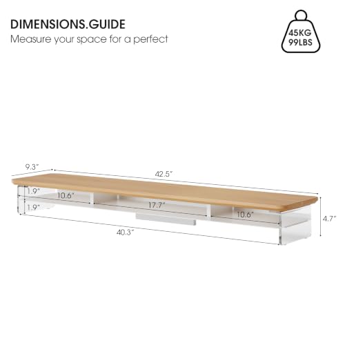 Image of Fenge 42.5 inch Dual Monitor Stand with Clear Acrylic Legs, Dark Oak | Clear Acrylic, Storage Compartment, 2-tier Home Office Monitor Riser, Wide Large Desktop Shelf Fit Monitor /Laptop /Printer