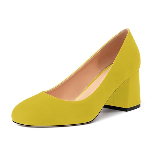 Women's Pumps, Round Closed Toe Chunky Heels, Slip On Fashion Comfort Solid Working Wedding Dressy Shoes for Women