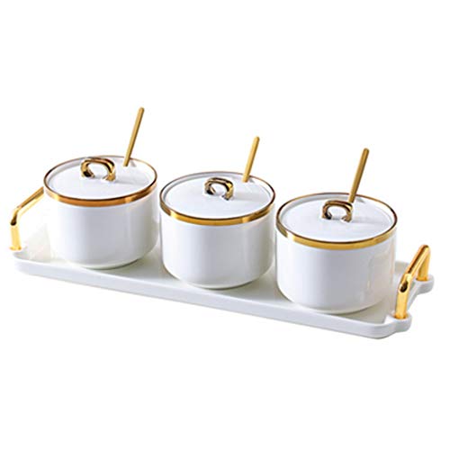 TBLOTYD Condiment Jar Ceramic Sugar Bowl Salt and MSG Bowl Seasoning Pot Seasoning Box Household Three-piece Set Jars