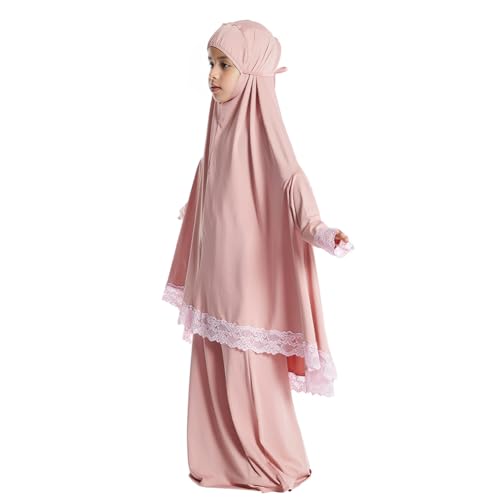 Muslim Prayer Dress for Girls, Long Sleeve Two Piece Full Cover Kids Children Lace Islamic Prayer Dress with Hijab3