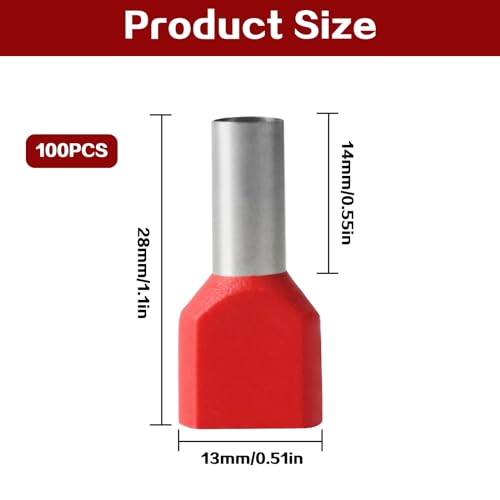 Aoyfuwell 100 Stück Aderendhülsen 10mm2,Twin Aderendhülsen 10mm² Doppelt Set,Kabelflächen für Kabelverbindungen,Doppel Rot Twin Zwilling Aderendhülsen Set Isoliert(10mm2x13mm)
