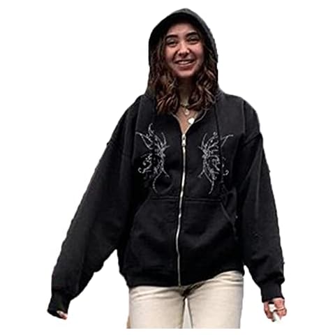 MANYMANY Women Black Butterfly Rhinestone Zip Hoodie Ladies Baggy Long Sleeve Zip Sweatshirt with Hood Cover