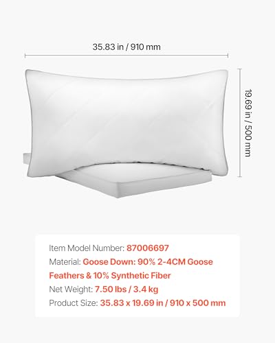 Image of VEVOR Sleeping Set of 2, King Size Luxury Quality Hotel Pillows with Original Down Alternative Filling, Supportive and Fluffy, Bedding for Back, Stomach and Side Sleepers, White