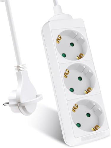 EXTRASTAR 3-Fach Steckdosenleiste, Flachstecker Mehrfachsteckdose mit 1.5m Kabel, Flacher Stecker mit Kindersicherung, 16A/3680W, Weiβ