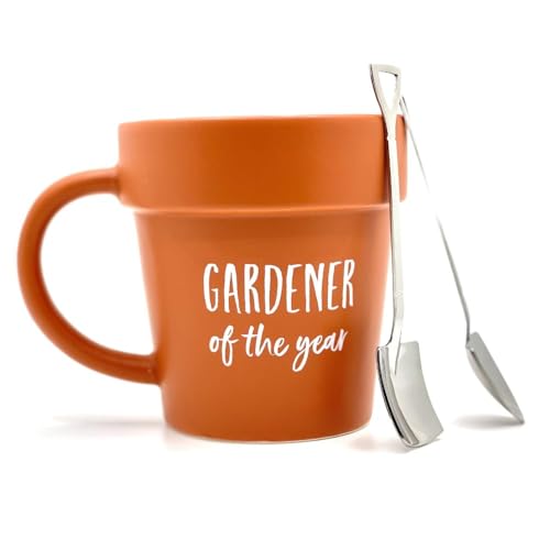 RAJX Gardener Mug, Novelty Fathers Day Gift for Dad, Ceramic Tea and Coffee Cup with Shovel Spoon, Coffee Cups Gift for Dad, Plant Pot Cup for Nature Lovers on Birthdays